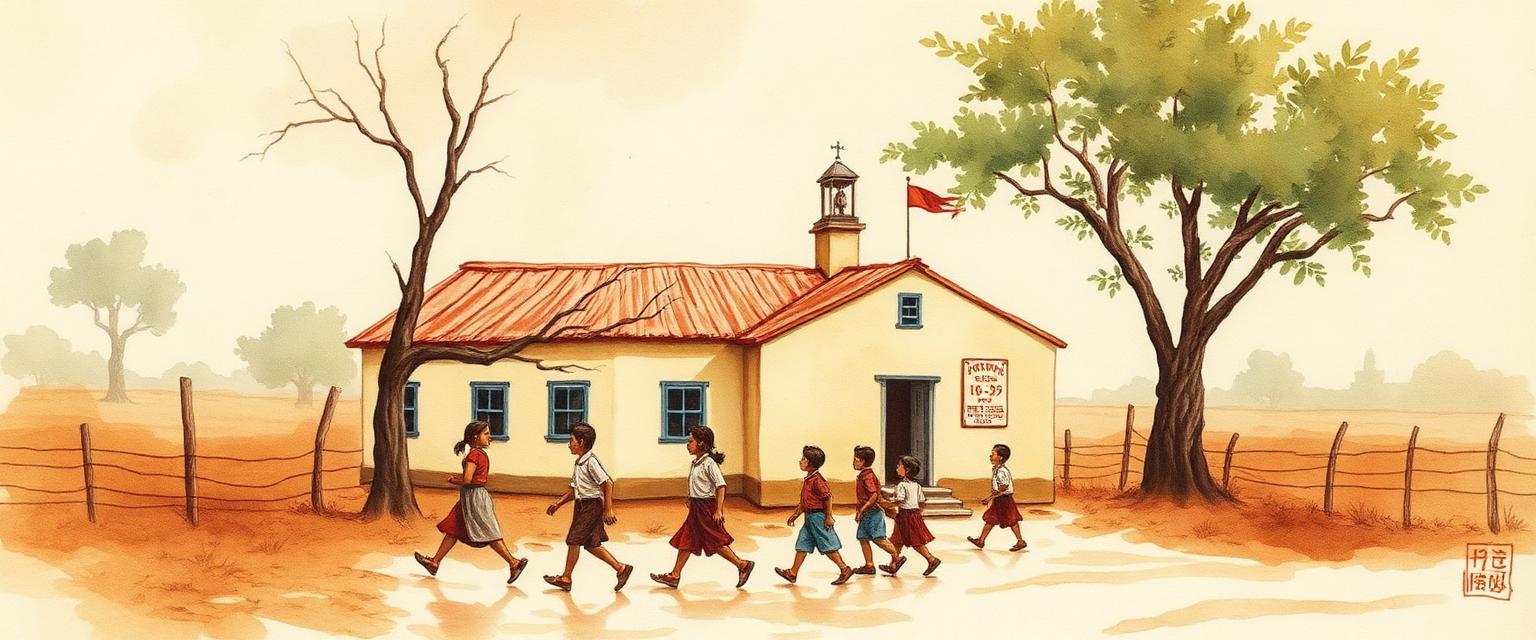 Painting of children walking to a rural Indian school
